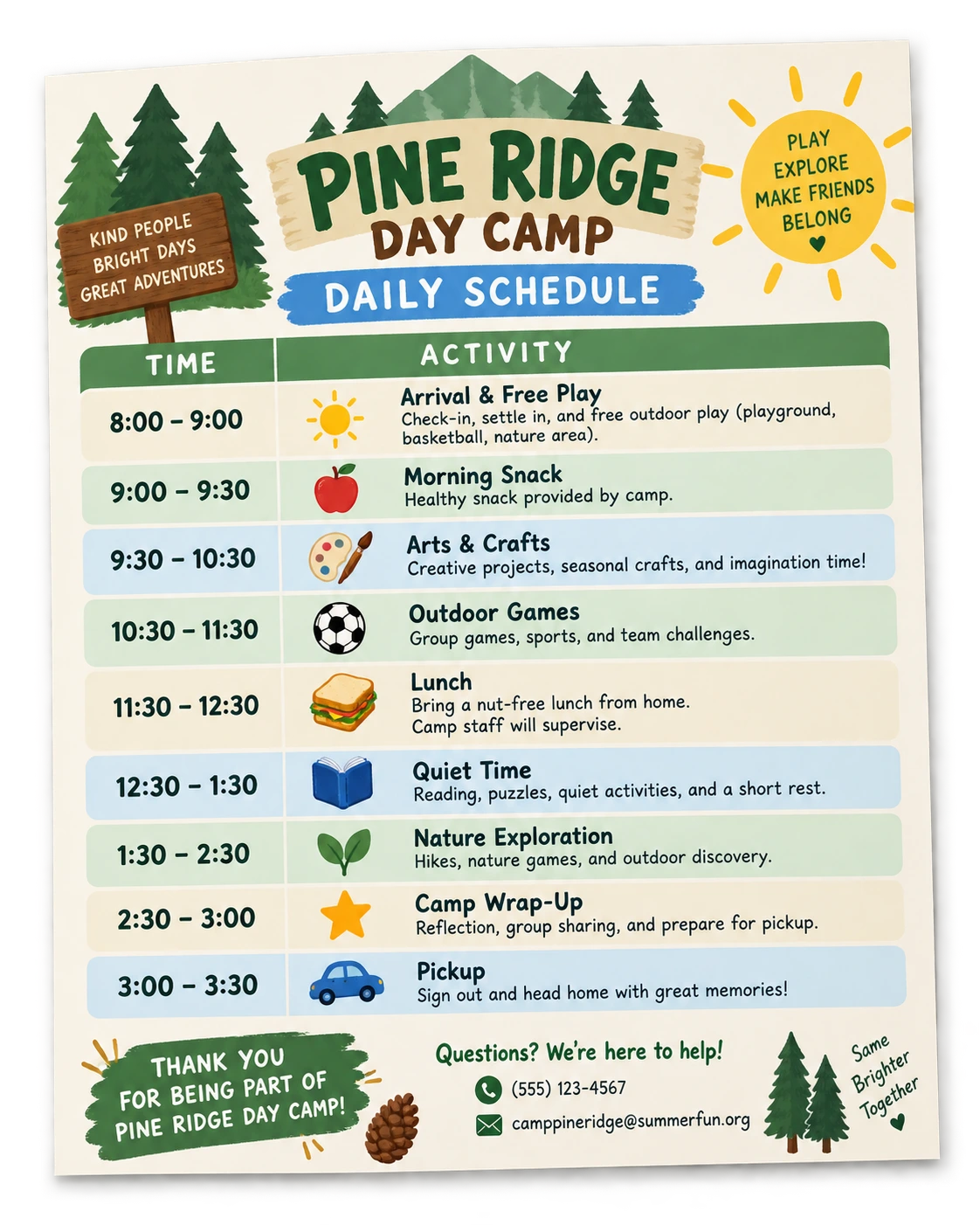 Pine Ridge Day Camp daily schedule with activities from arrival through pickup