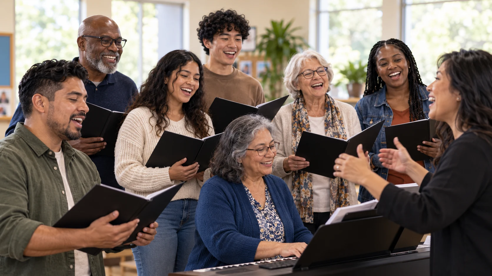 A diverse community choir rehearsing together
