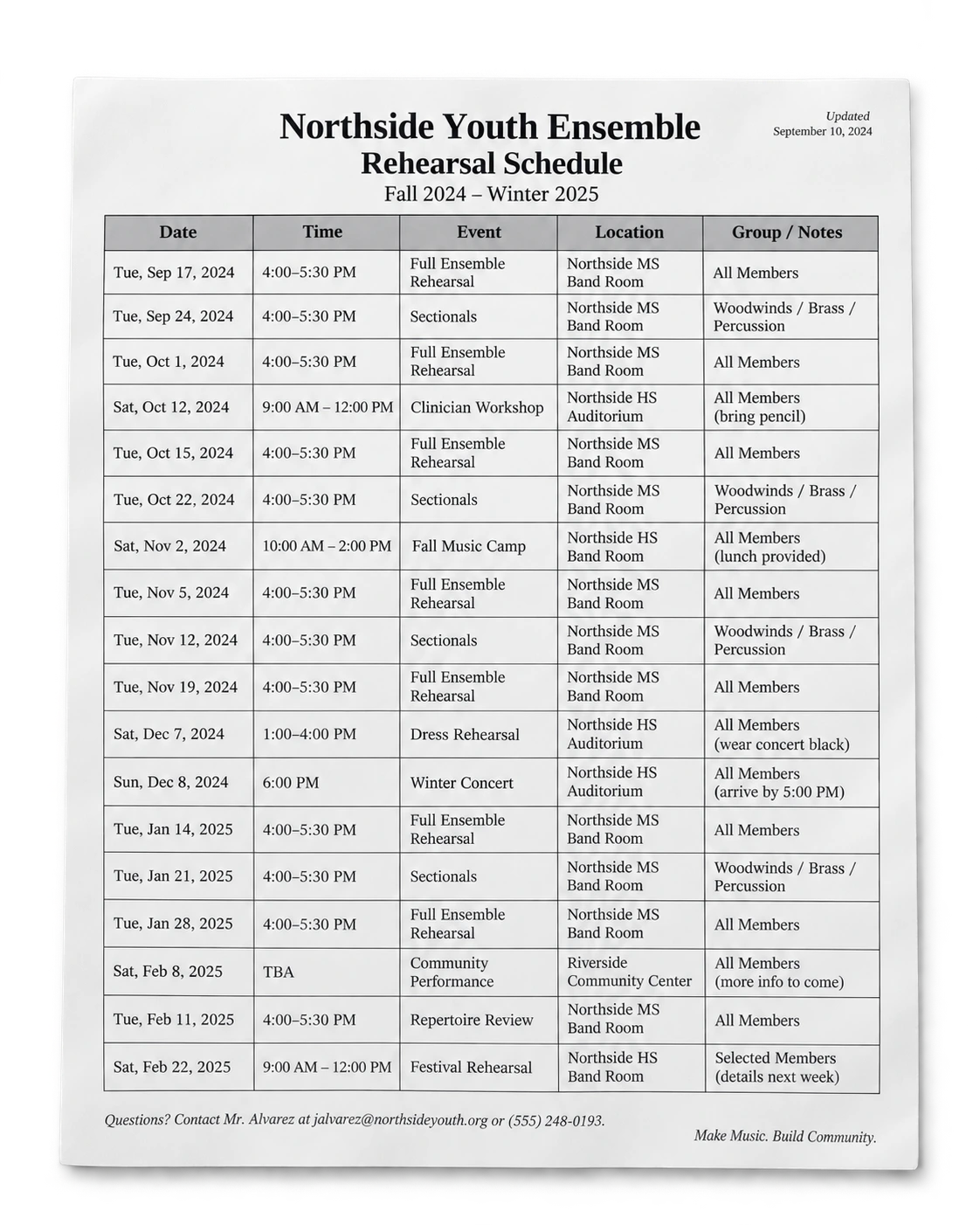 Northside Youth Ensemble rehearsal schedule with dates, times, events, locations, and group notes