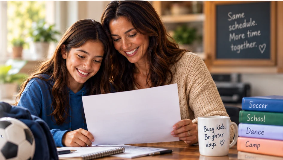 A parent and teenager naturally reviewing a printed schedule together at a kitchen table