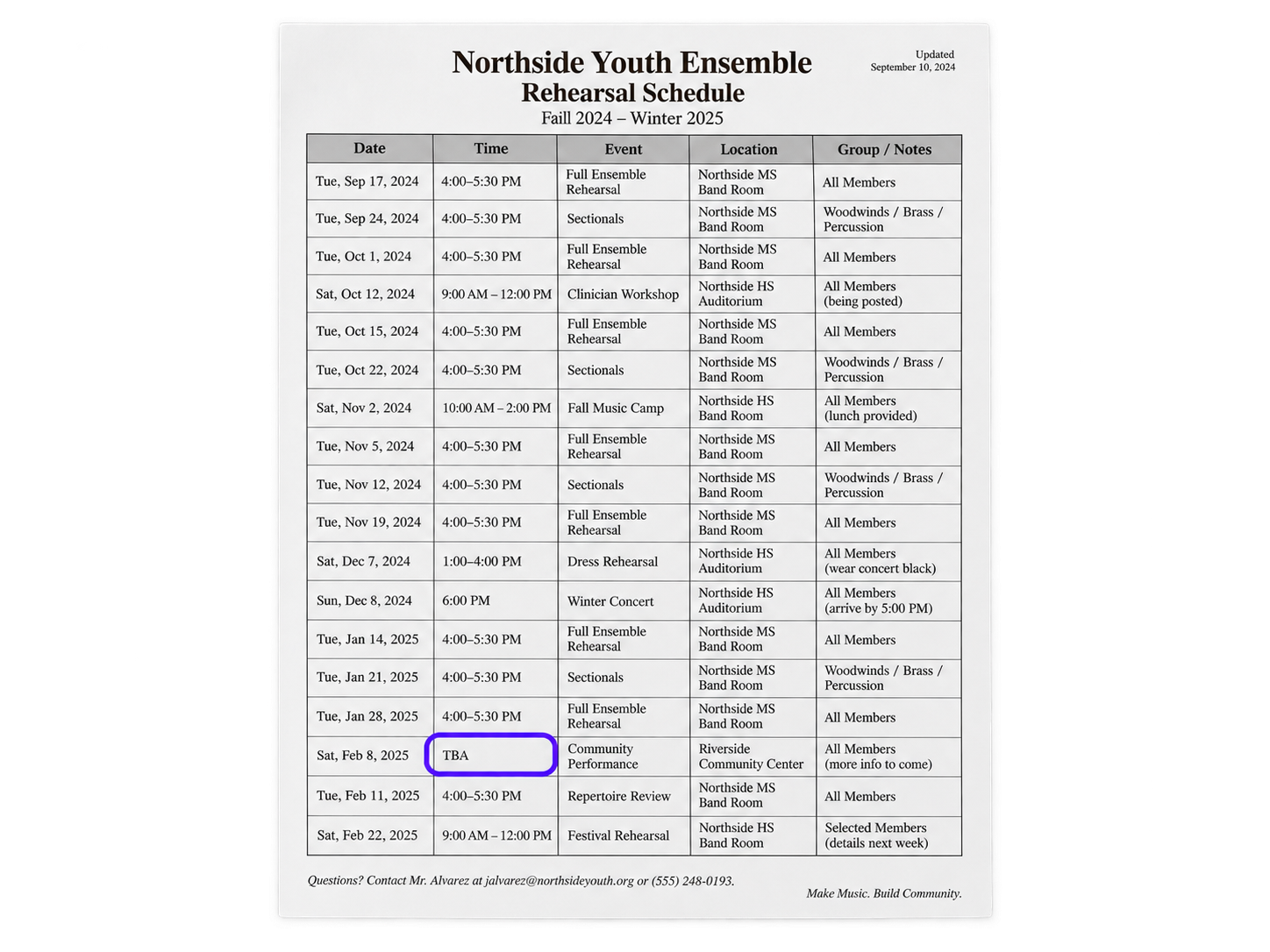 Northside Youth Ensemble rehearsal schedule with a Feb. 8 Community Performance time marked TBA and outlined for review
