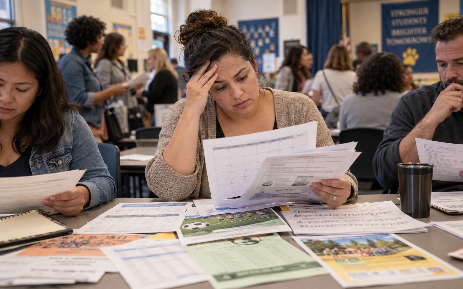 Parents at a school information session sorting through multiple paper schedules and handouts