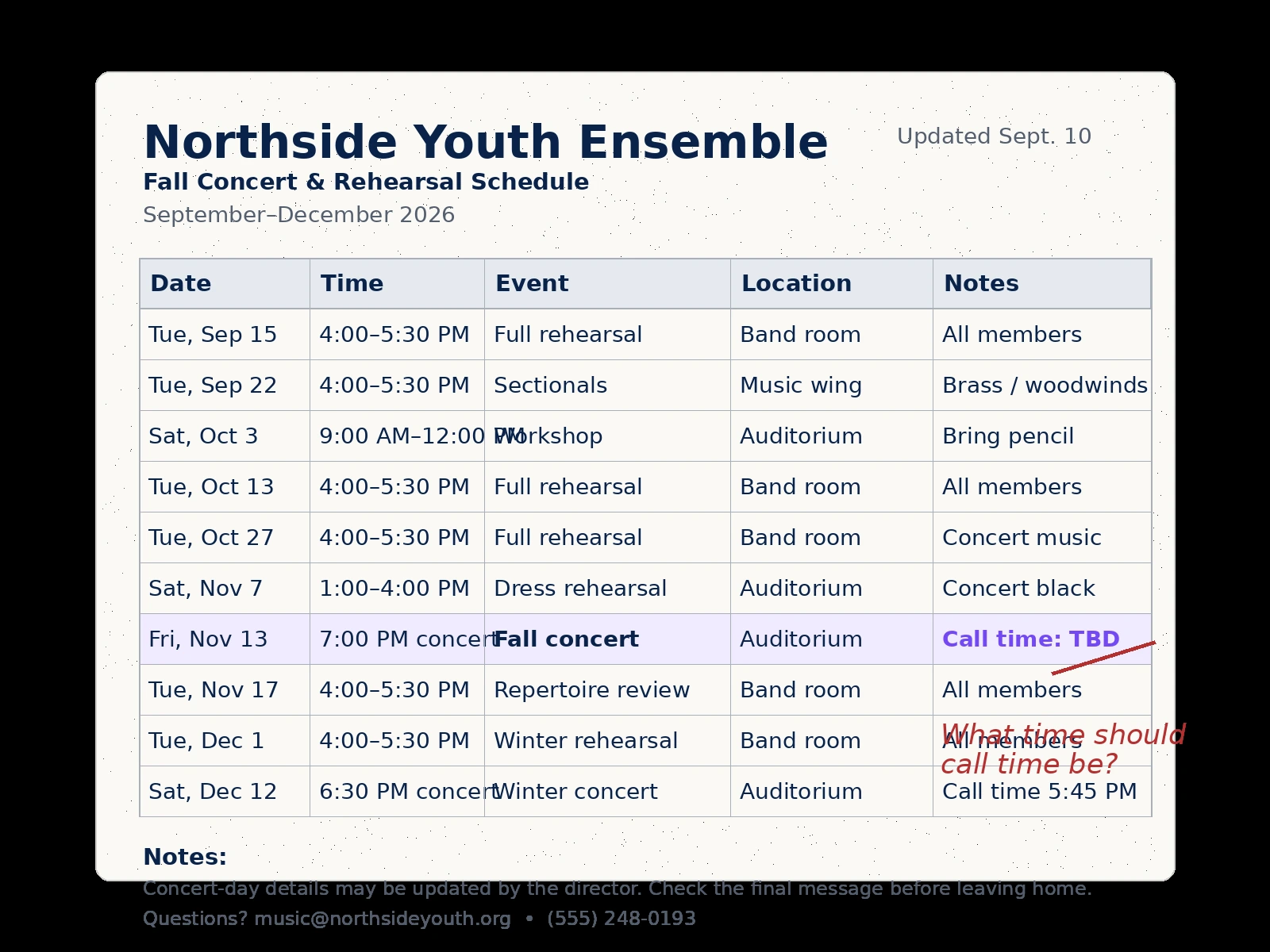 Northside Youth Ensemble fall concert and rehearsal schedule with Fall concert call time marked TBD