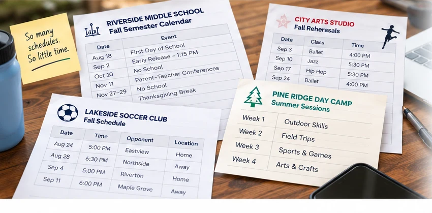 School, arts, soccer, and camp schedules arranged together on a tabletop