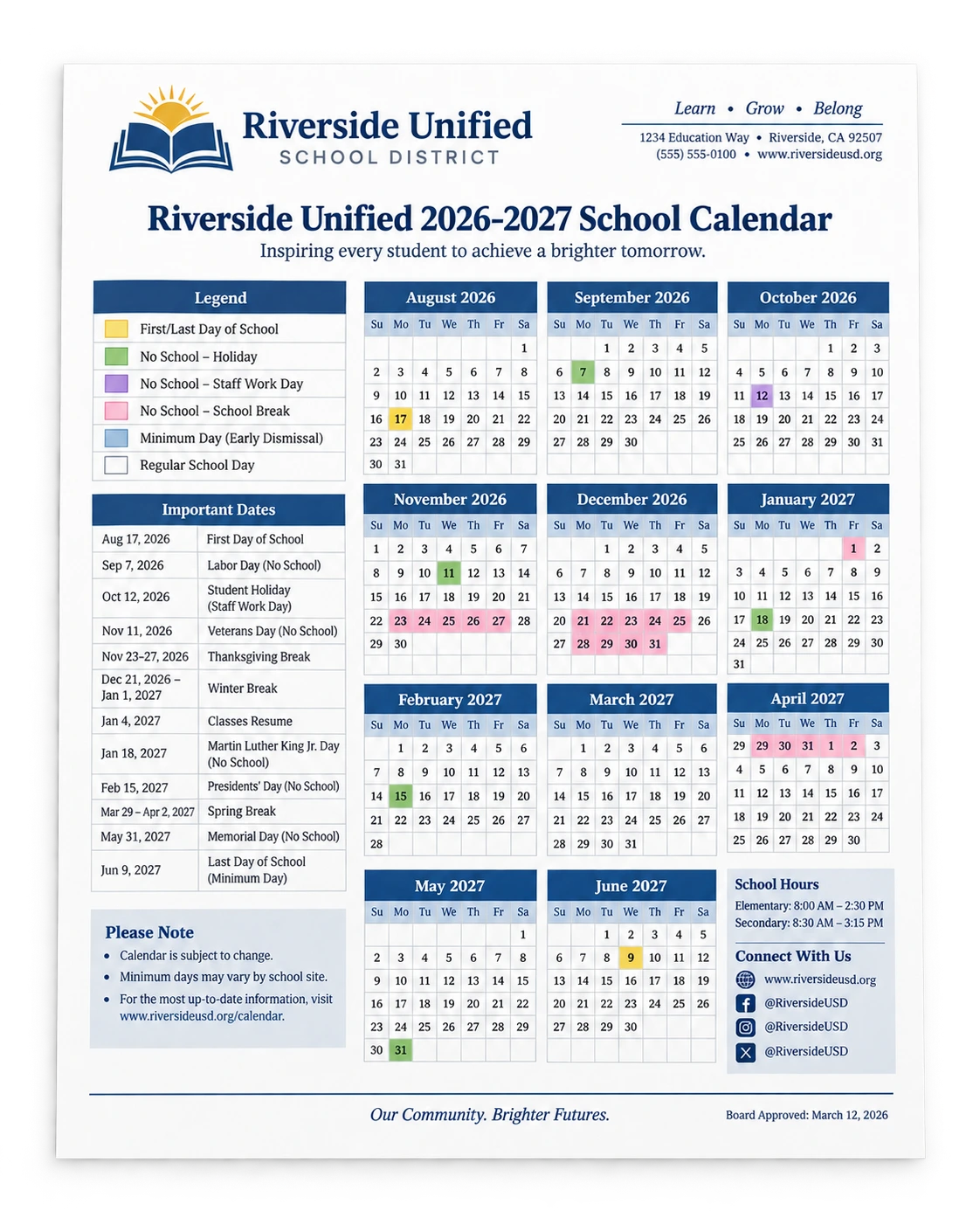 Riverside Unified 2026–2027 school calendar with monthly grids and important dates