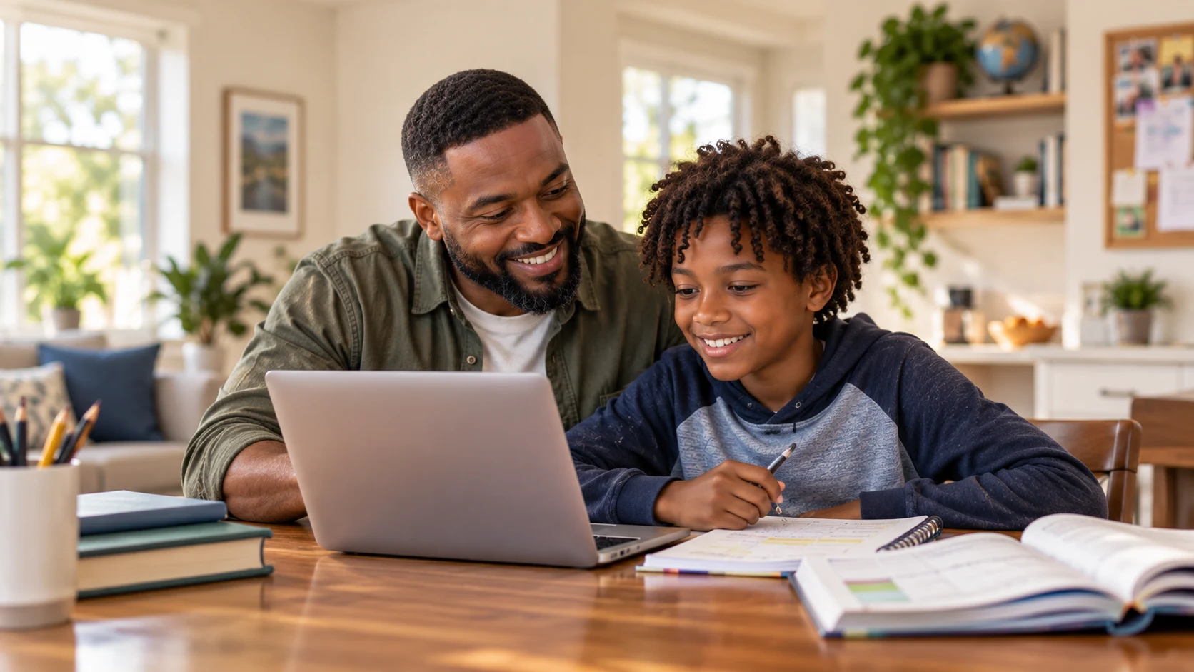 Father and son reviewing school schedule information together