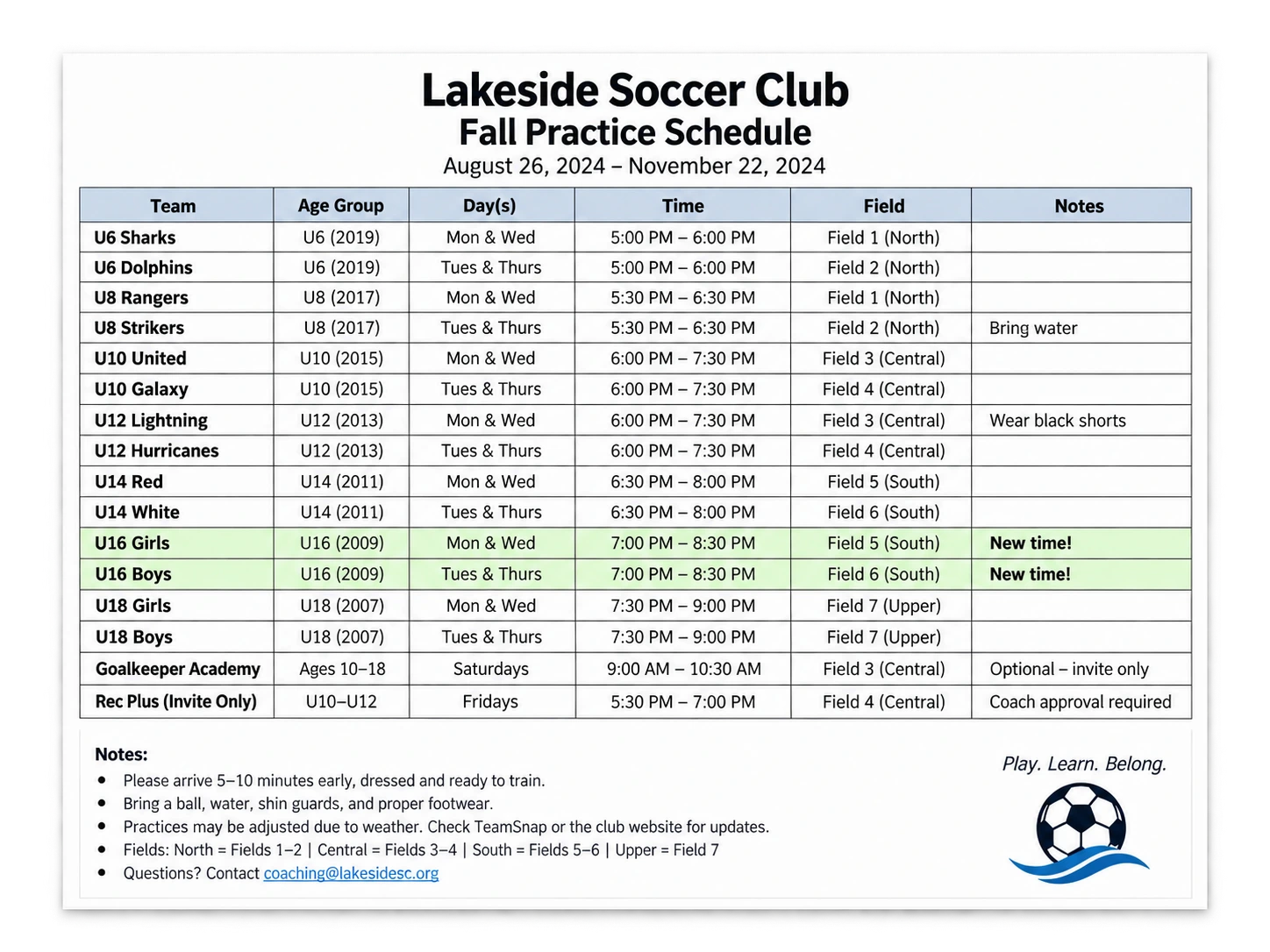 Lakeside Soccer Club fall practice schedule with teams, days, times, fields, and notes