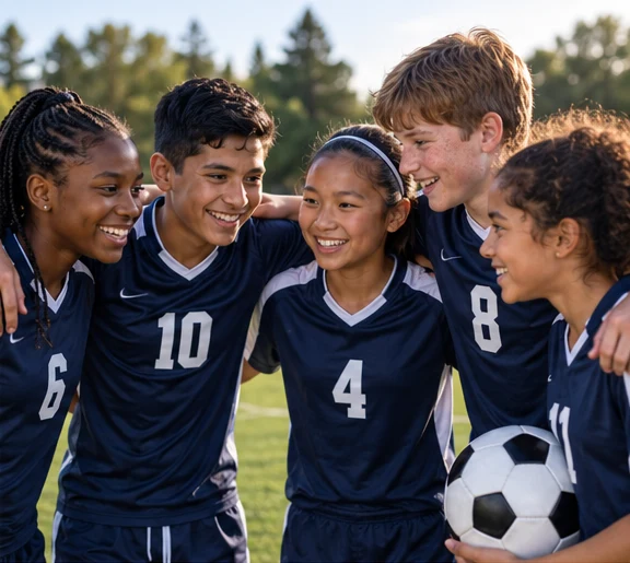 Diverse youth soccer team gathered together