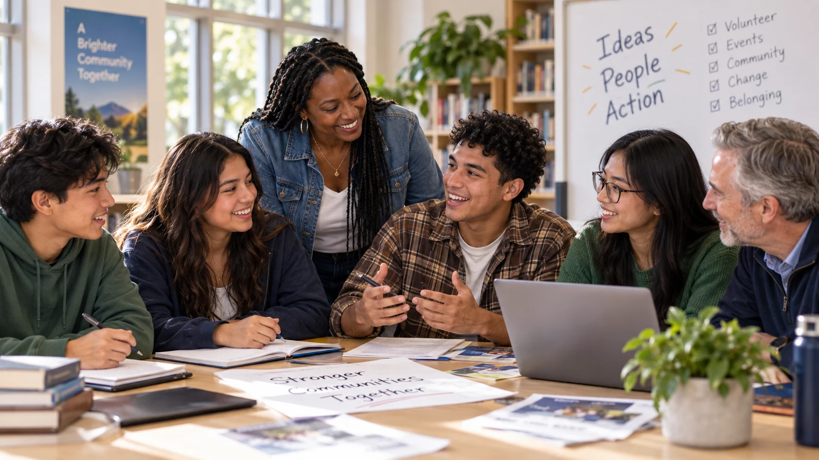 Students and a mentor collaborating around a community program table