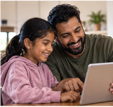 Parent and child sharing a calm moment while reviewing a schedule together